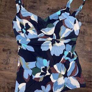 Athleta Bondi Tankini Top 32D/DD Blue White Brown Floral Adjustable Strap Wire